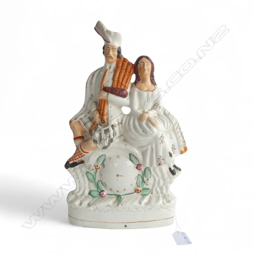 19THC STAFFORDSHIRE FLATBACK, COUPLE in SCOTTISH DRESS w FAUX CLOCK, H.350mm Image 1++
