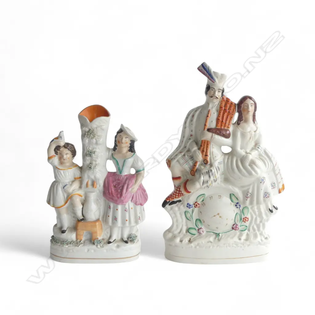 TWO 19thC STAFFORDSHIRE FLATBACKS; COUPLE in SCOTTISH DRESS, H.340mm & TWO YOUNG GIRLS, H.280mm hairline to bonnet Image 1++