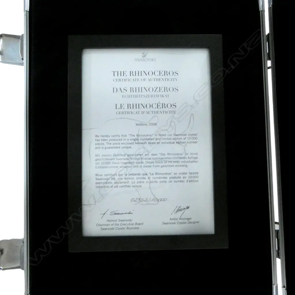 SWAROVSKI CRYSTAL 'THE RHINOCEROS' #2362/10000 2008 315x120x150mm, BOXED w. CERTIFICATE. See note below... Image 1++