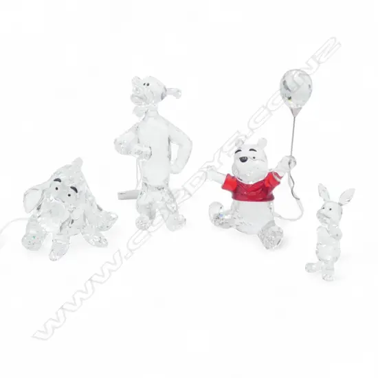 4 SWAROVSKI WINNIE THE POOH; WINNIE w. BALLOON H.110mm, PIGLET, EEYORE & TIGGER THE TIGER H.105mm all boxed