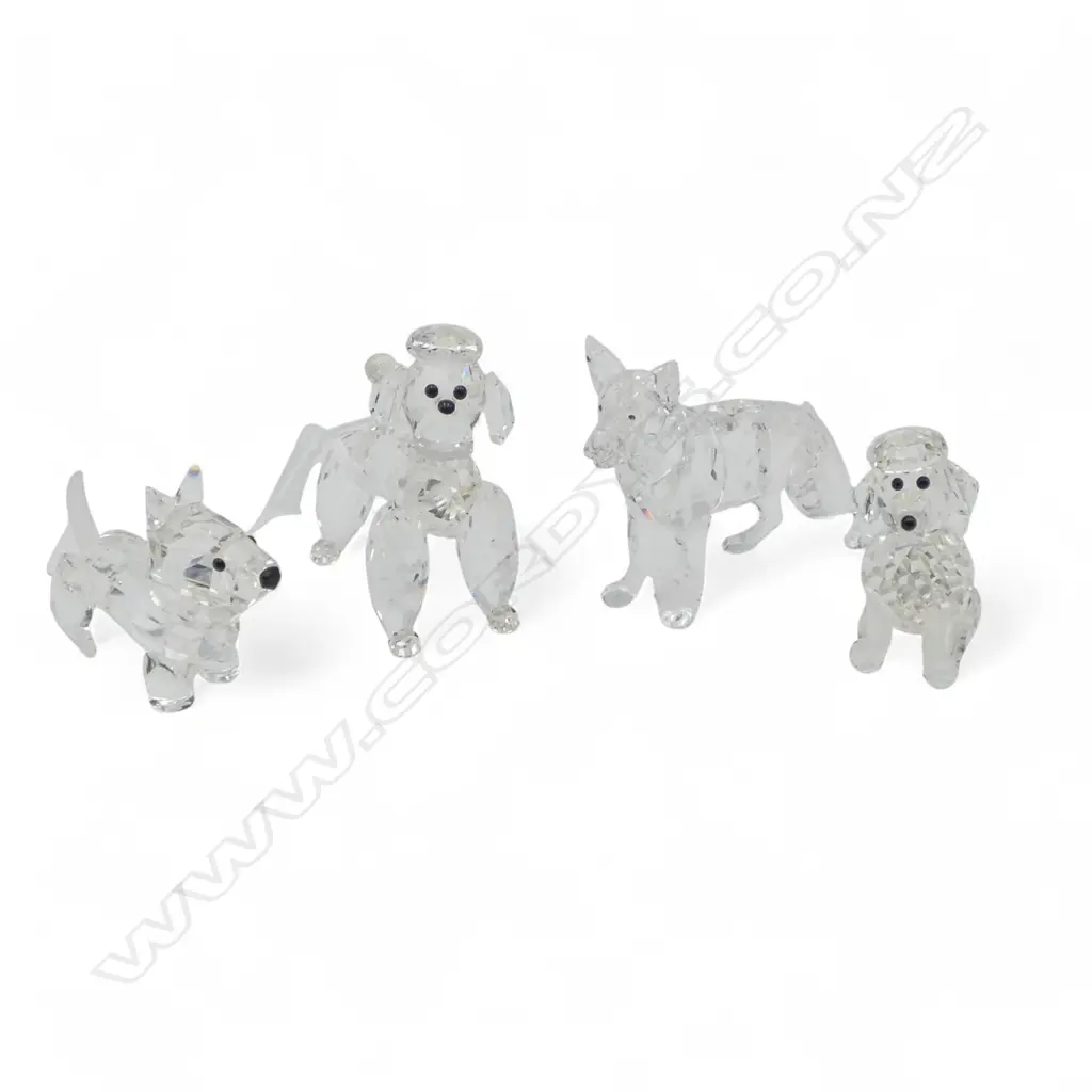4 SWAROVSKI DOGS; 2 POODLES, GERMAN SHEPHERD, SAUSAGE DOG L.50mm, ALL BOXED Image 1++