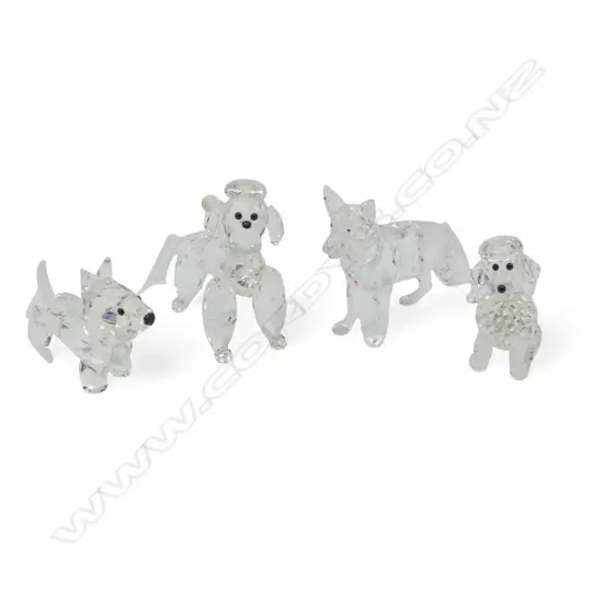 4 SWAROVSKI DOGS; 2 POODLES, GERMAN SHEPHERD, SAUSAGE DOG L.50mm, ALL BOXED
