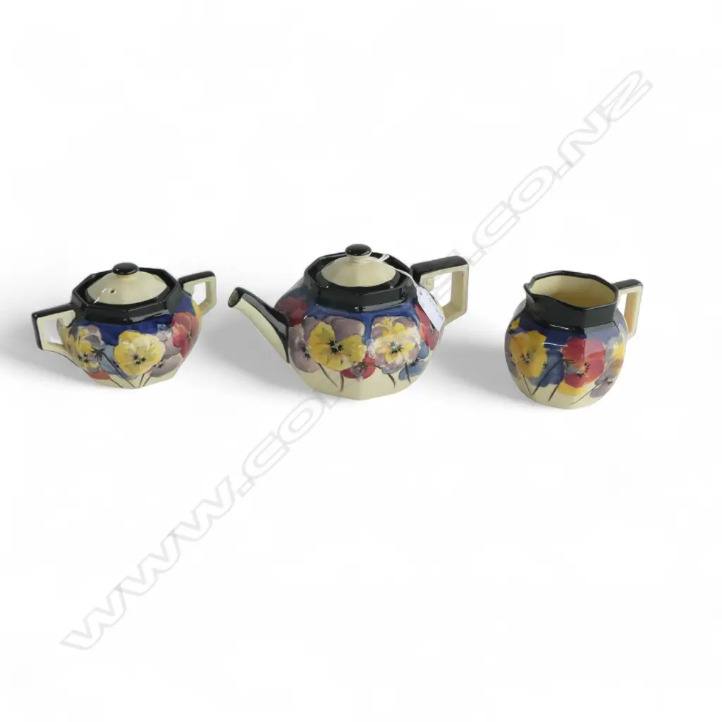 ROYAL DOULTON PANSIES 3 PCE TEA SET: teapot lidded sugar + milk jug. Octagonal form Image 1++