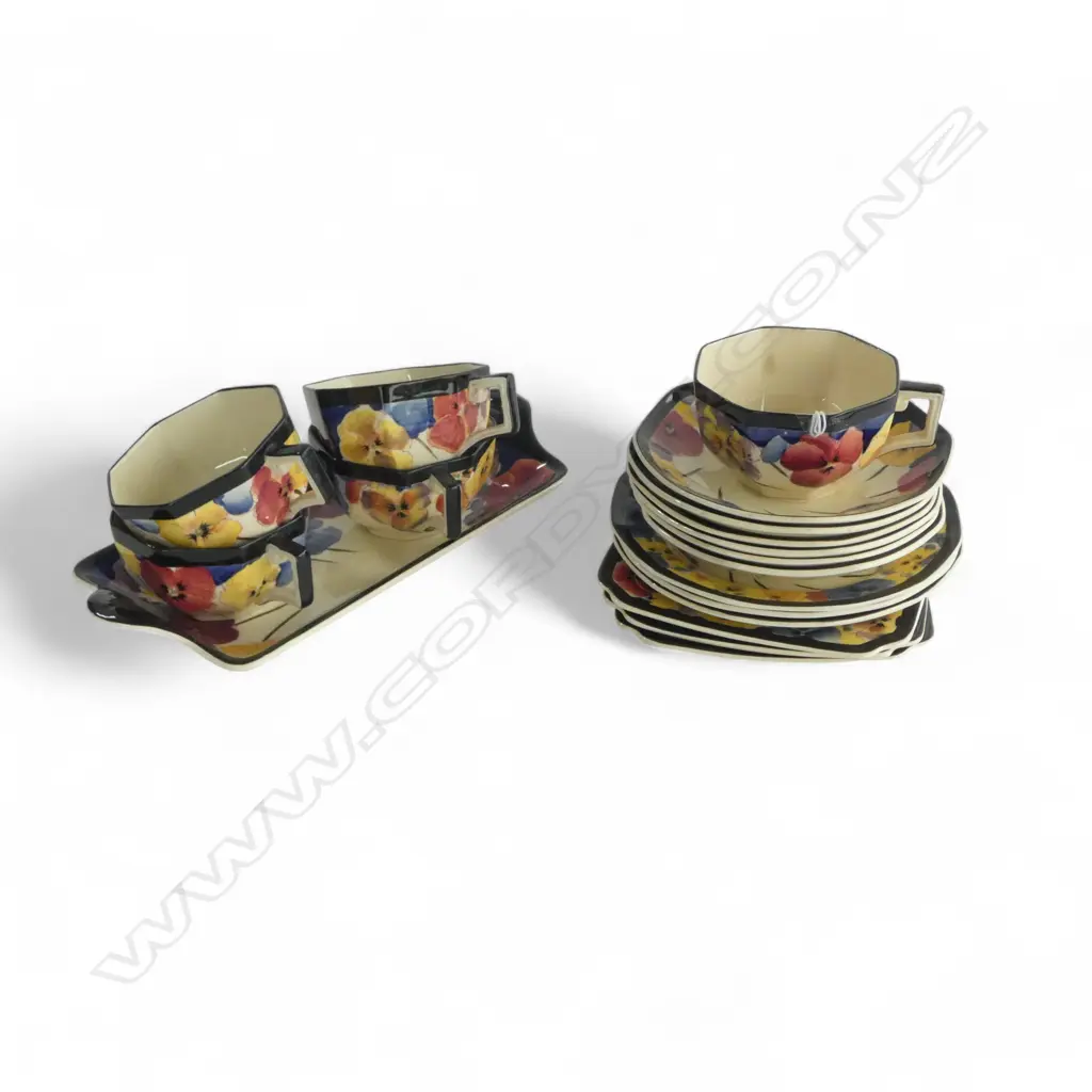 ROYAL DOULTON PANSIES 18pce PART TEA SET: 5 CUPS + 6 + 3 SAUCERS + 3 SIDE PLATES + SANDWICH TRAY  Image 1++
