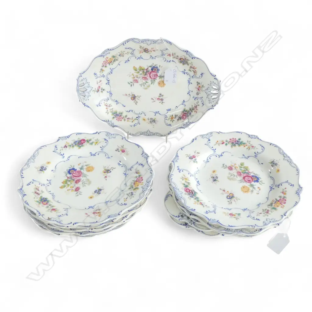 8 FRENCH PORCELAIN 19THC PLATES w 3 MATCHING SERVING DISHES, HANDPAINTED FINE DETAIL Image 1++