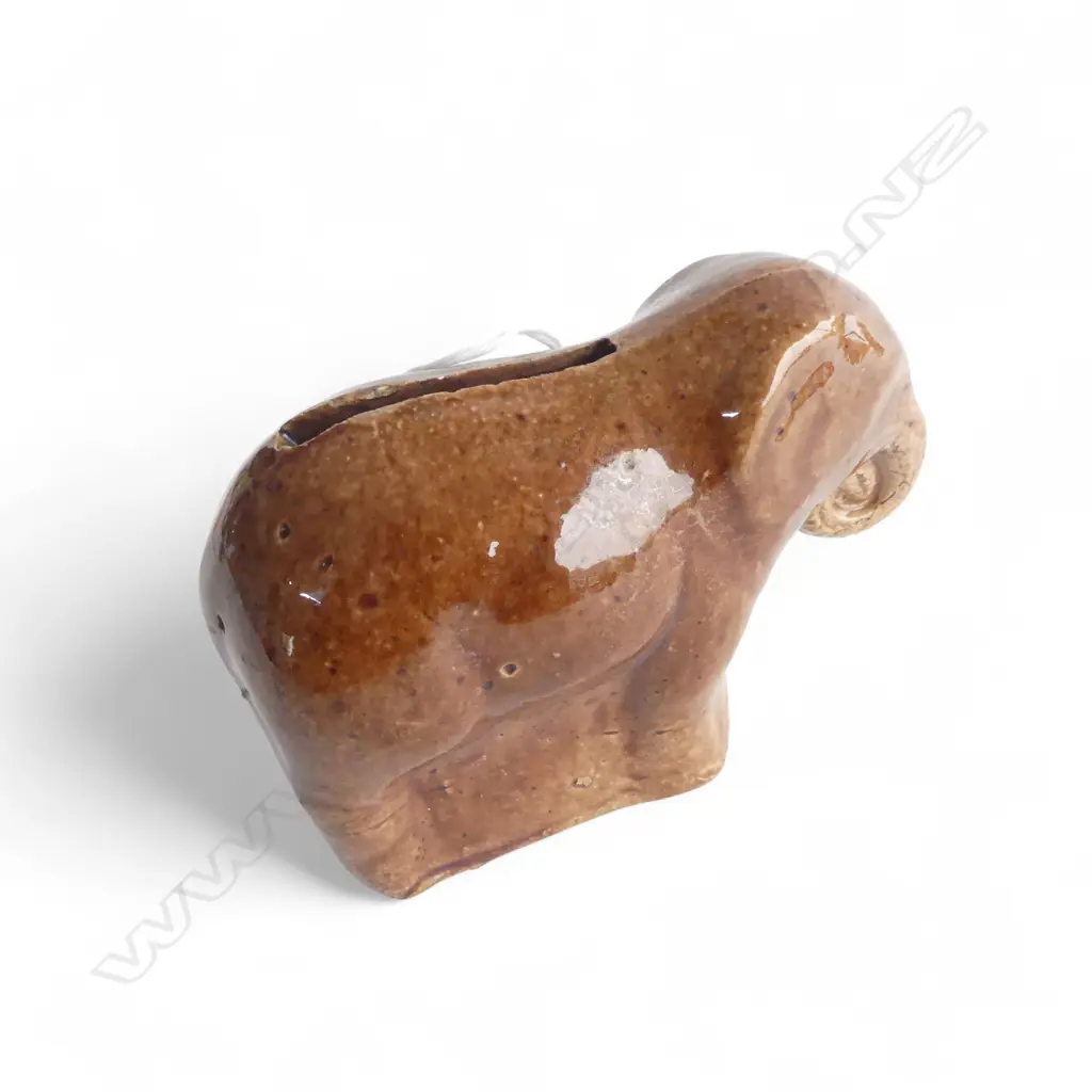 NZ ? COLONIAL POTTERY ELEPHANT MONEY BANK incised numbers to base '1071'. L.100mm Image 1++