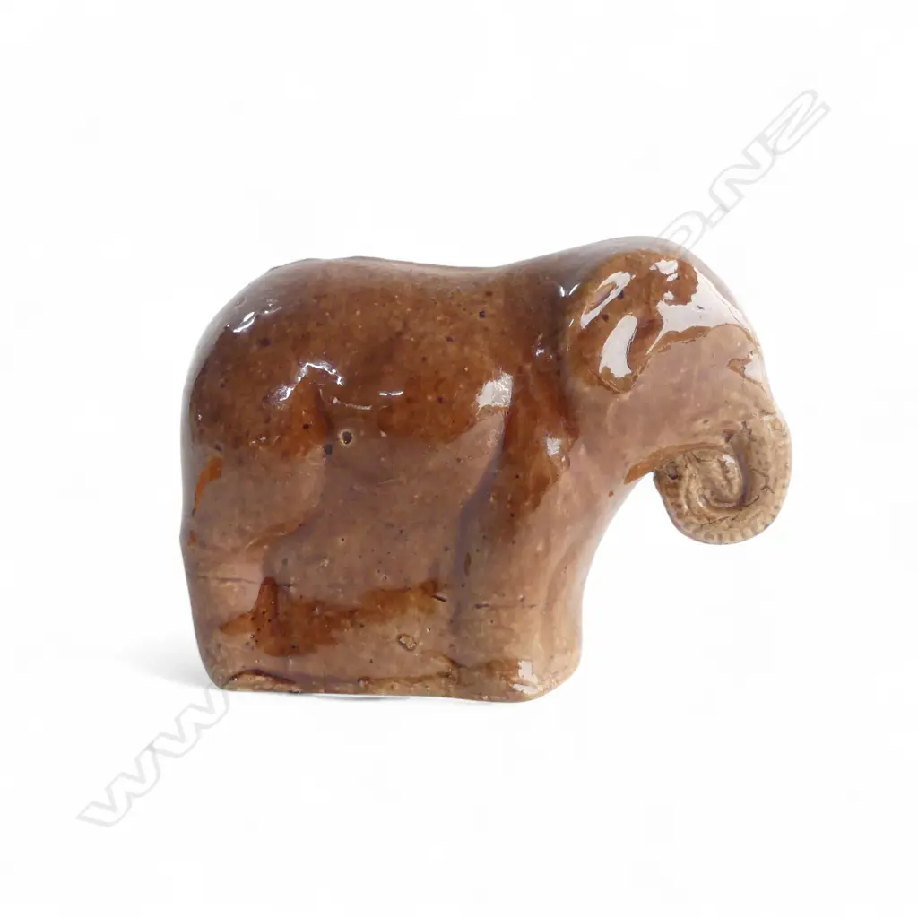 NZ ? COLONIAL POTTERY ELEPHANT MONEY BANK incised numbers to base '1071'. L.100mm Image 1++