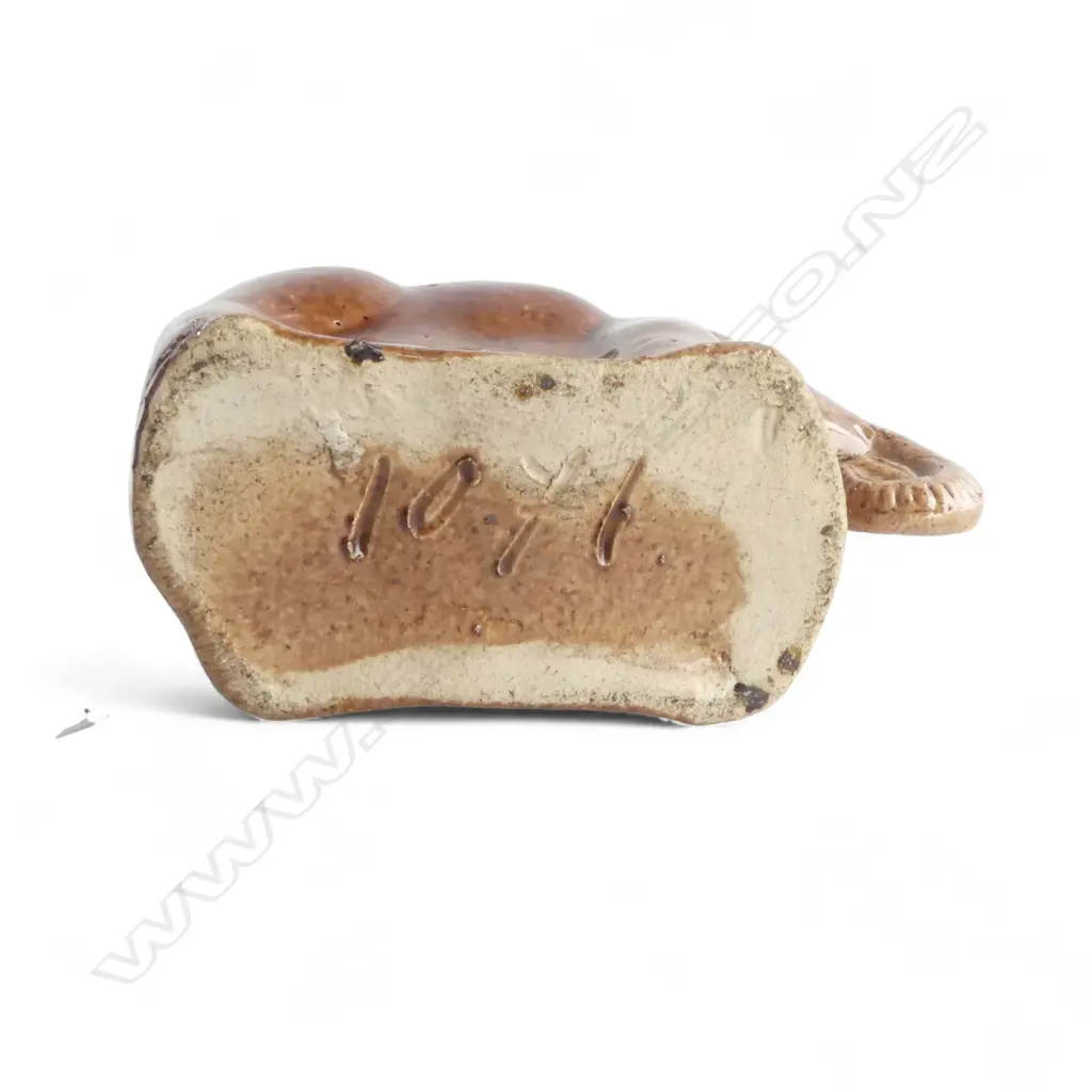 NZ ? COLONIAL POTTERY ELEPHANT MONEY BANK incised numbers to base '1071'. L.100mm Image 1++