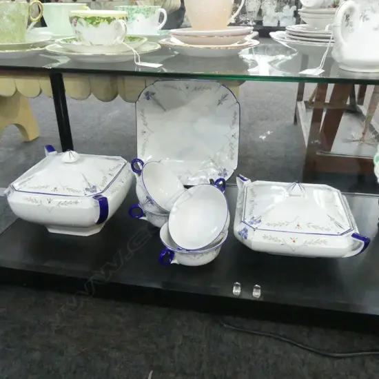 SHELLEY CHINA LIDDED TUREENS 4 SOUP COUPES & CAKE PLATE IRIS PAT