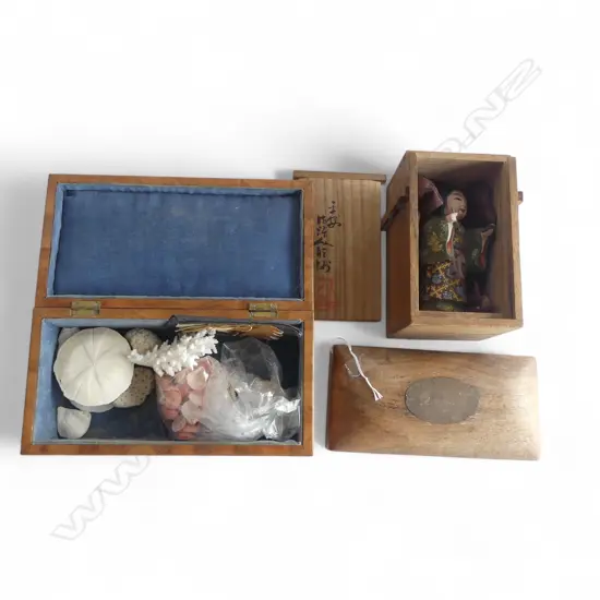 3 WOODEN BOXES; LARGEST w. CORAL W.260mm, 1 w. JAPANESE DOLL