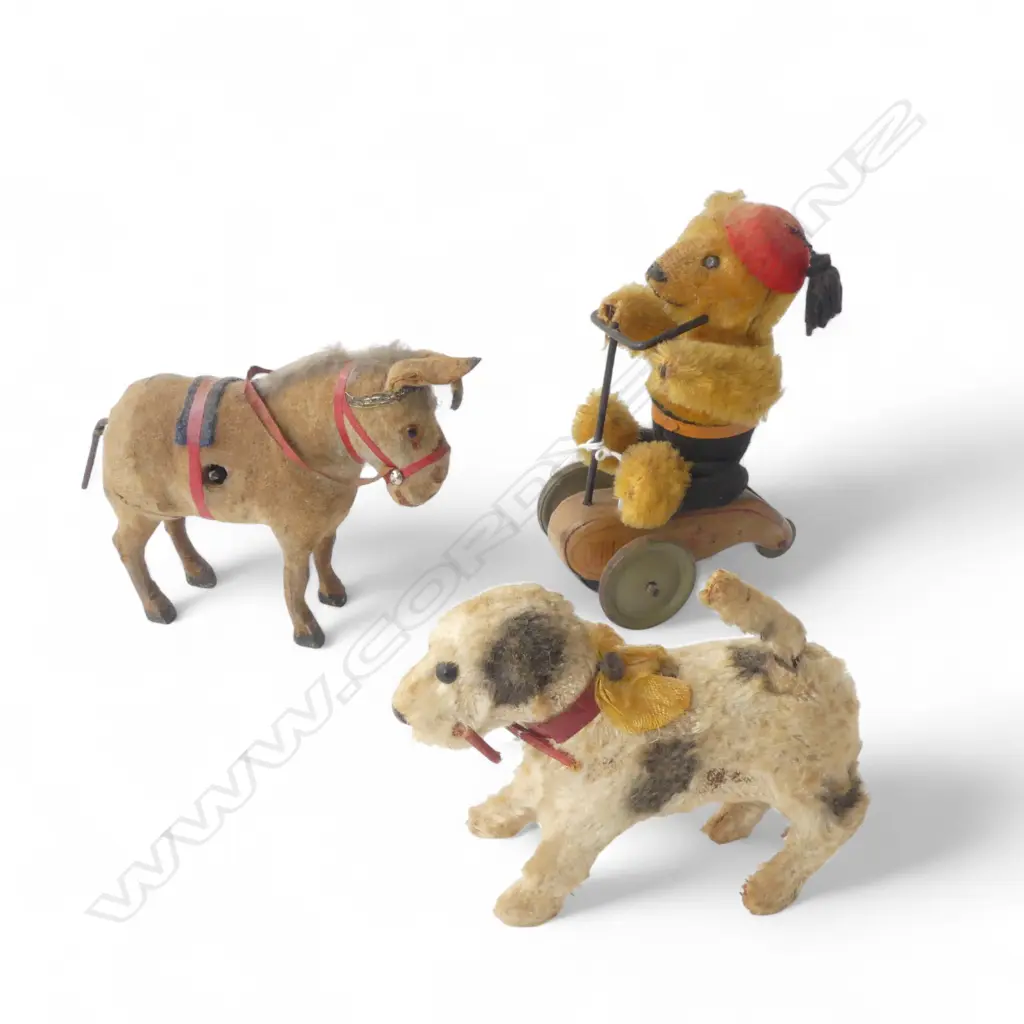 3 VINTAGE WIND UP TOYS; DOG, DONKEY, BEAR ON TRIKE H.125mm Image 1++