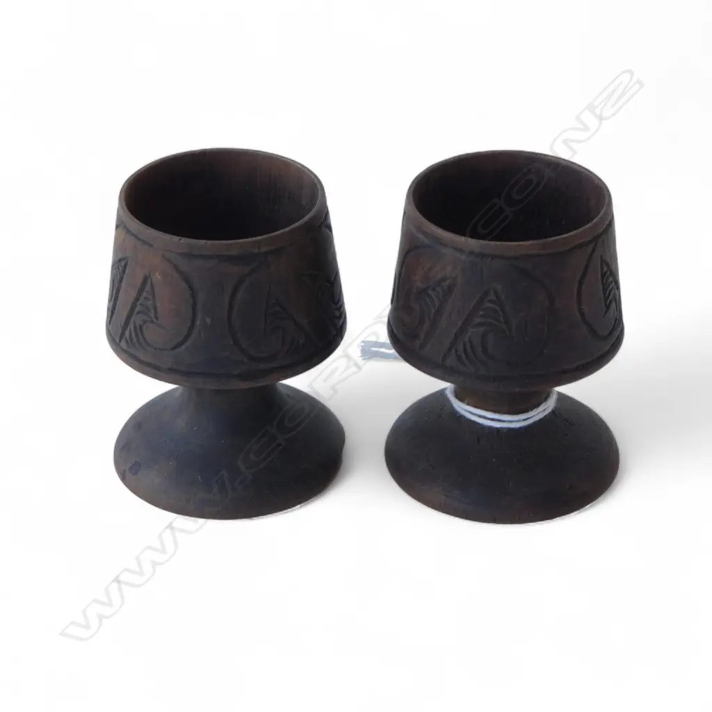 PR MID-CENTURY CARVED MAORI EGG CUPS Image 1++