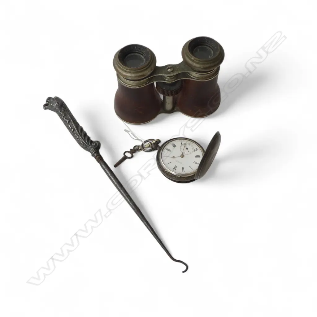 STG SILVER POCKET WATCH, LONDON 1883, PR OPERA GLASSES, BUTTON HOOK Image 1++
