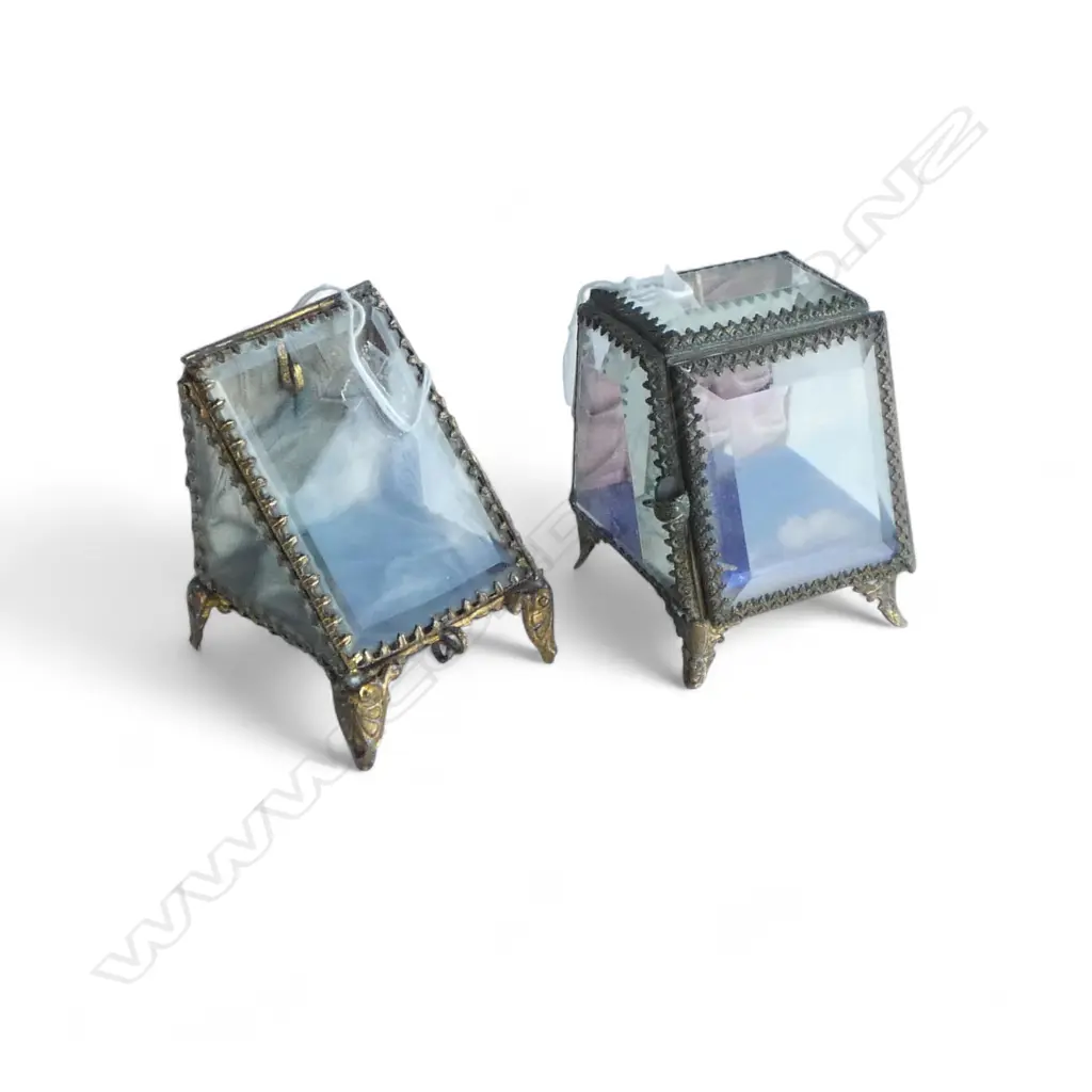 2 EARLY 20thC GILT METAL & GLASS POCKET WATCH HOLDERS sloping fronts Image 1++