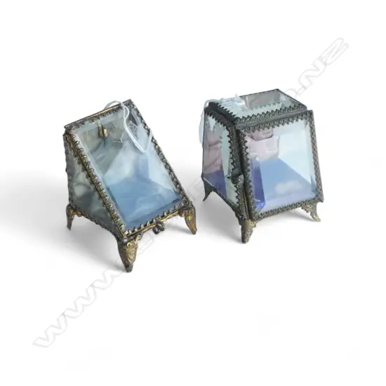 2 EARLY 20thC GILT METAL & GLASS POCKET WATCH HOLDERS sloping fronts