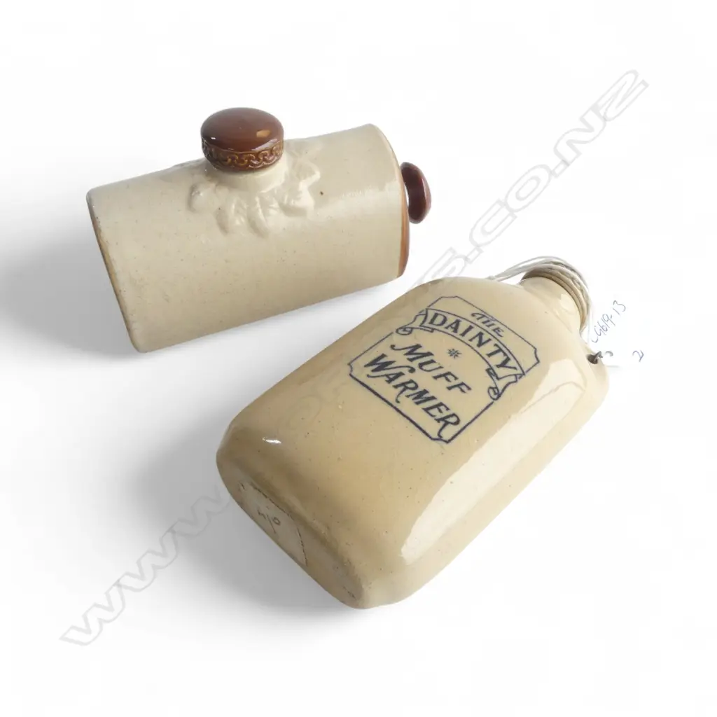 2 VINTAGE STONEWARE SMALL HAND (MUFF) WARMERS L's.120 & 130mm: 'The Dainty Muff Warmer' + other Image 1++