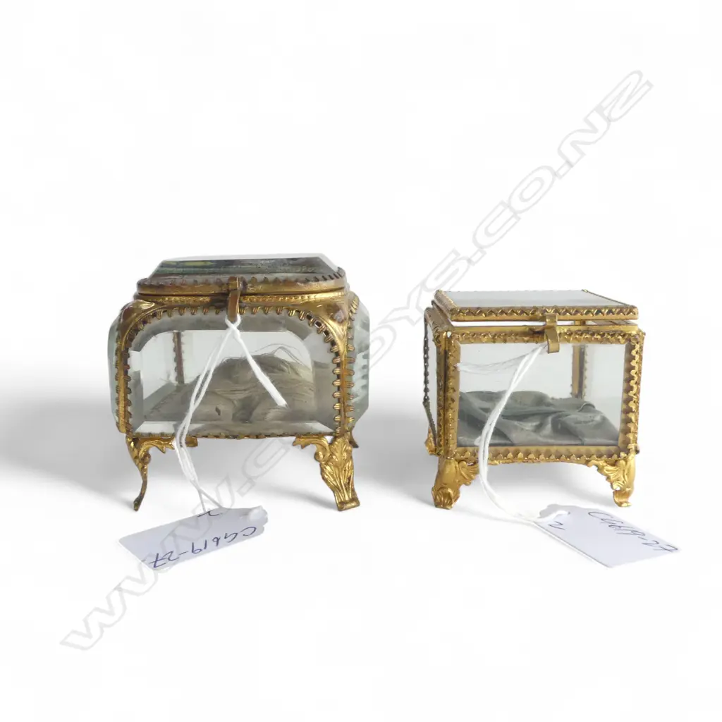 2 EARLY 20thC GILT METAL & GLASS POCKET WATCH HOLDERS: 'Rue de Commerce. Port Said' + 'Timaru NZ Stafford St' Image 1++