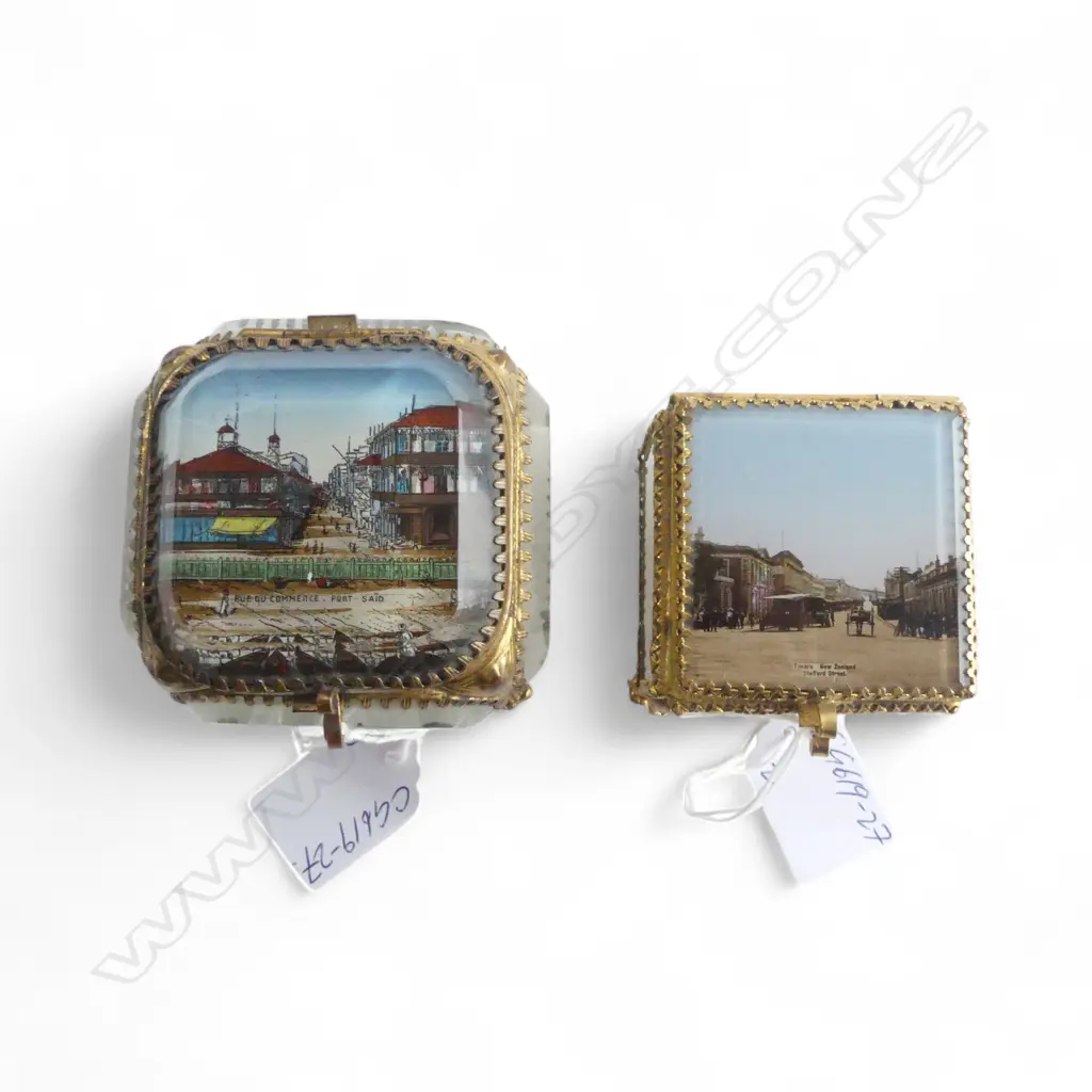 2 EARLY 20thC GILT METAL & GLASS POCKET WATCH HOLDERS: 'Rue de Commerce. Port Said' + 'Timaru NZ Stafford St' Image 1++