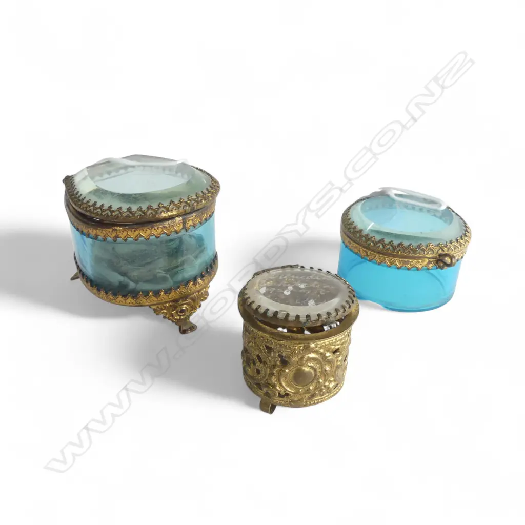 3 EARLY 20thC GILT METAL & GLASS POCKET WATCH HOLDERS: 1 uranium glass no base + 1 Dunedin Exhib. Image 1++