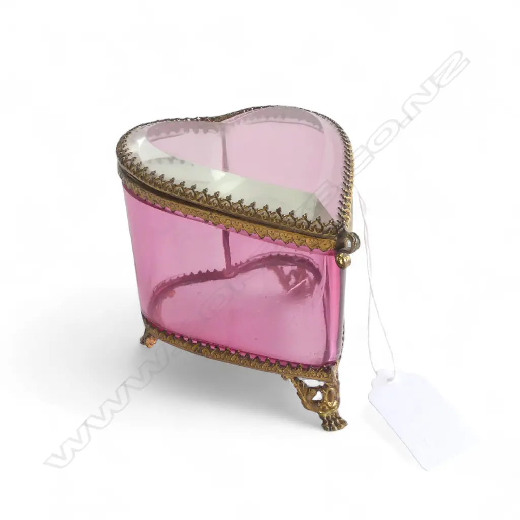 EARLY 20thC GILT METAL & RUB Y & CLEAR GLASS HEART SHAPE POCKET WATCH HOLDER. H.85mm Image 1++