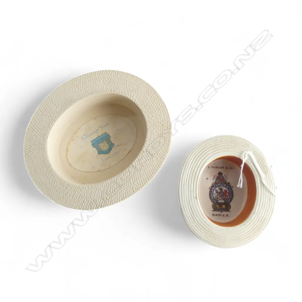 2 MINIATURE BOATER HATS: 1 porcelain by T. Parker & Co. + resin larger example 'Greetings from Tour 1959' Image 1++