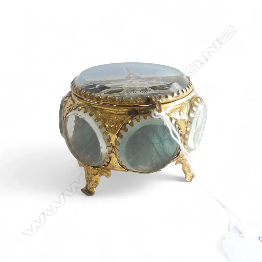 VINTAGE 'Tour Eiffel' GILT METAL & GLASS JEWEL BOX. Dia.90mm. Image 1++