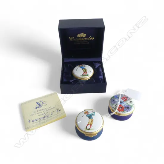 3 ENAMEL TRINKET BOXES: 2 golfing themed by 'Alastor' + boxed 'Crummles'. All English