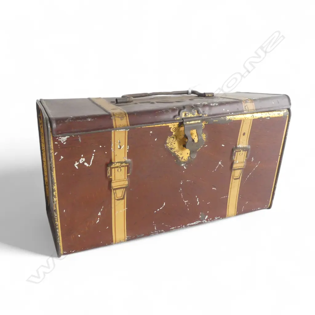 EARLY 20thC SATCHEL FORM & PRINTED TIN. Lion masks to ends Image 1++