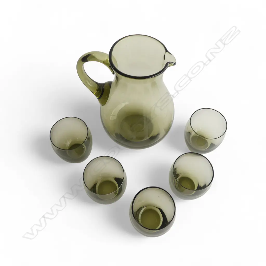 MID CENTURY OLIVE SMOKE GLASS DRINK SET 5 GLASSES, PERFECT CONDITION Image 1++