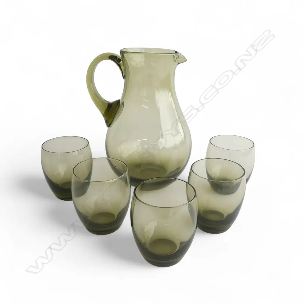 MID CENTURY OLIVE SMOKE GLASS DRINK SET 5 GLASSES, PERFECT CONDITION Image 1++