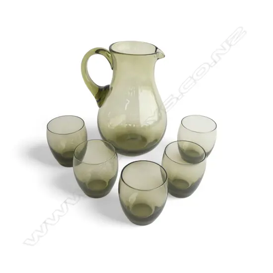 MID CENTURY OLIVE SMOKE GLASS DRINK SET 5 GLASSES, PERFECT CONDITION