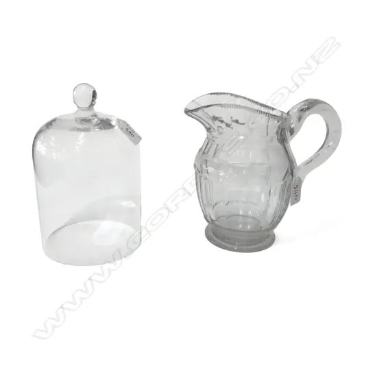 HEAVY VINTAGE CUT GLASS JUG & CLOSH DOME, H.210mm