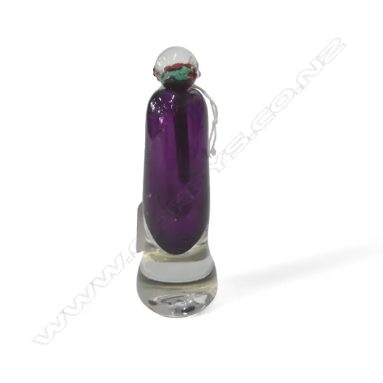 ART GLASS PURPLE & CLEAR TALL SCENT BOTTLE flower finial. Long dipper. H.125mm
