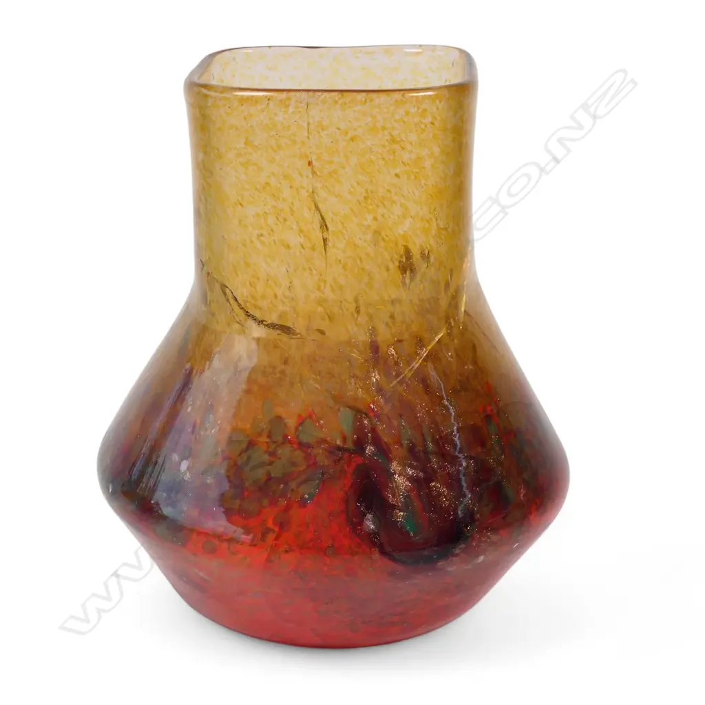 1940s SCOTTISH MONART GLASS VASE, LEMON/ORANGE/GREEN, SQUARE , SOME FAULTS, H.210mm Image 1++