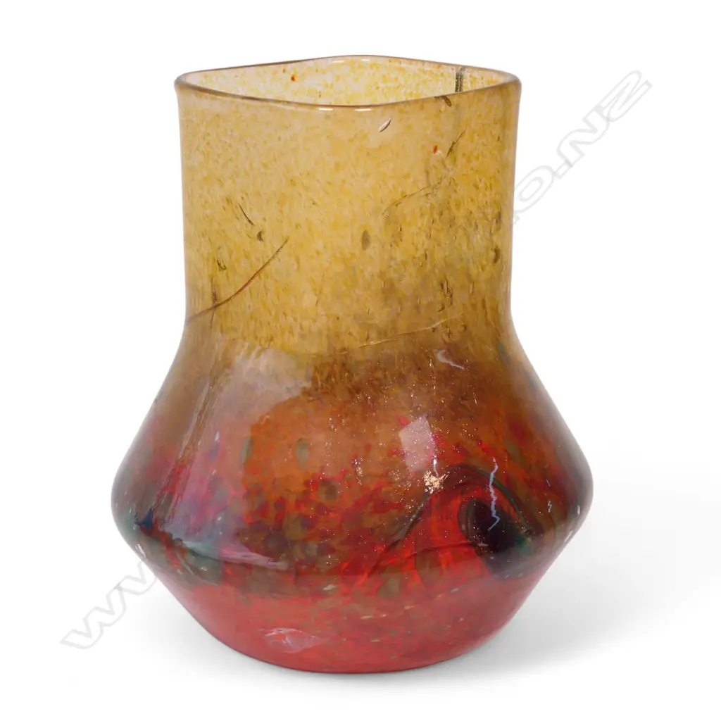 1940s SCOTTISH MONART GLASS VASE, LEMON/ORANGE/GREEN, SQUARE , SOME FAULTS, H.210mm Image 1++