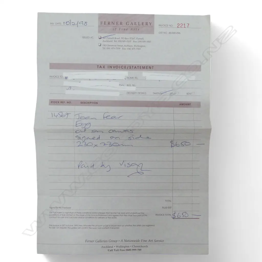 JOAN FEAR, EGG, OIL ON CANVAS, 235x235mm vendor purchased from Ferner Galleries, includes 2 gallery printouts Image 1++