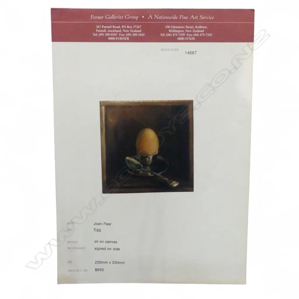 JOAN FEAR, EGG, OIL ON CANVAS, 235x235mm vendor purchased from Ferner Galleries, includes 2 gallery printouts Image 1++