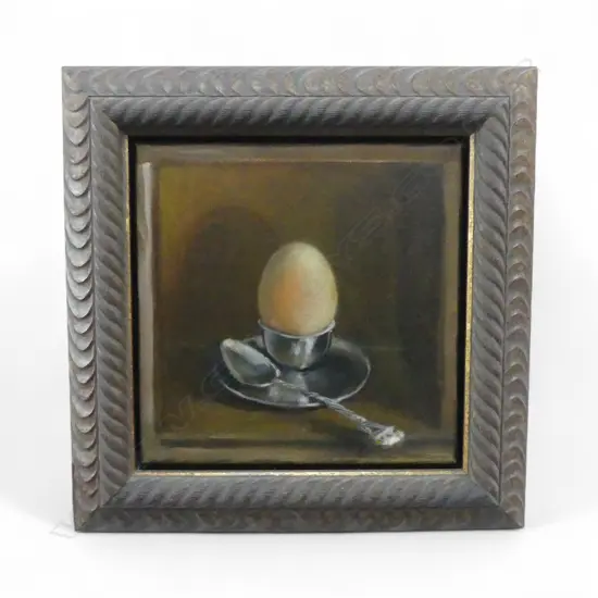 JOAN FEAR, EGG, OIL ON CANVAS, 235x235mm vendor purchased from Ferner Galleries, includes 2 gallery printouts