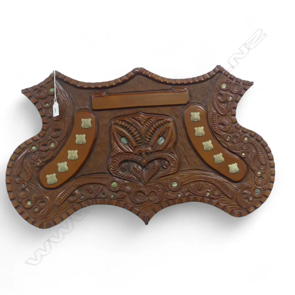CARVED MAORI SHIELD by 'E. NUKU' 198585 700x410mm Image 1++