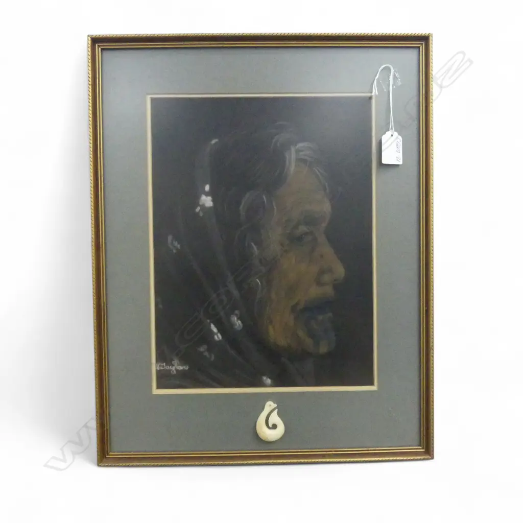 V TAYLOR vintage PASTEL 'HEREPO RONGO. WAIKATO 16.2.75310 X 235mm framed w hei matau bone pendant Image 1++