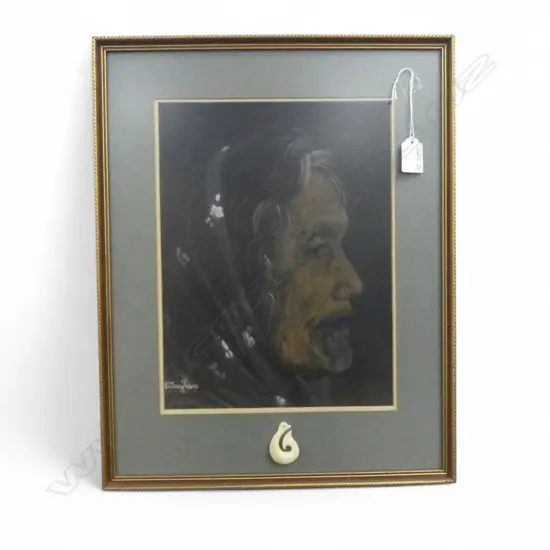 V TAYLOR vintage PASTEL 'HEREPO RONGO. WAIKATO 16.2.75310 X 235mm framed w hei matau bone pendant