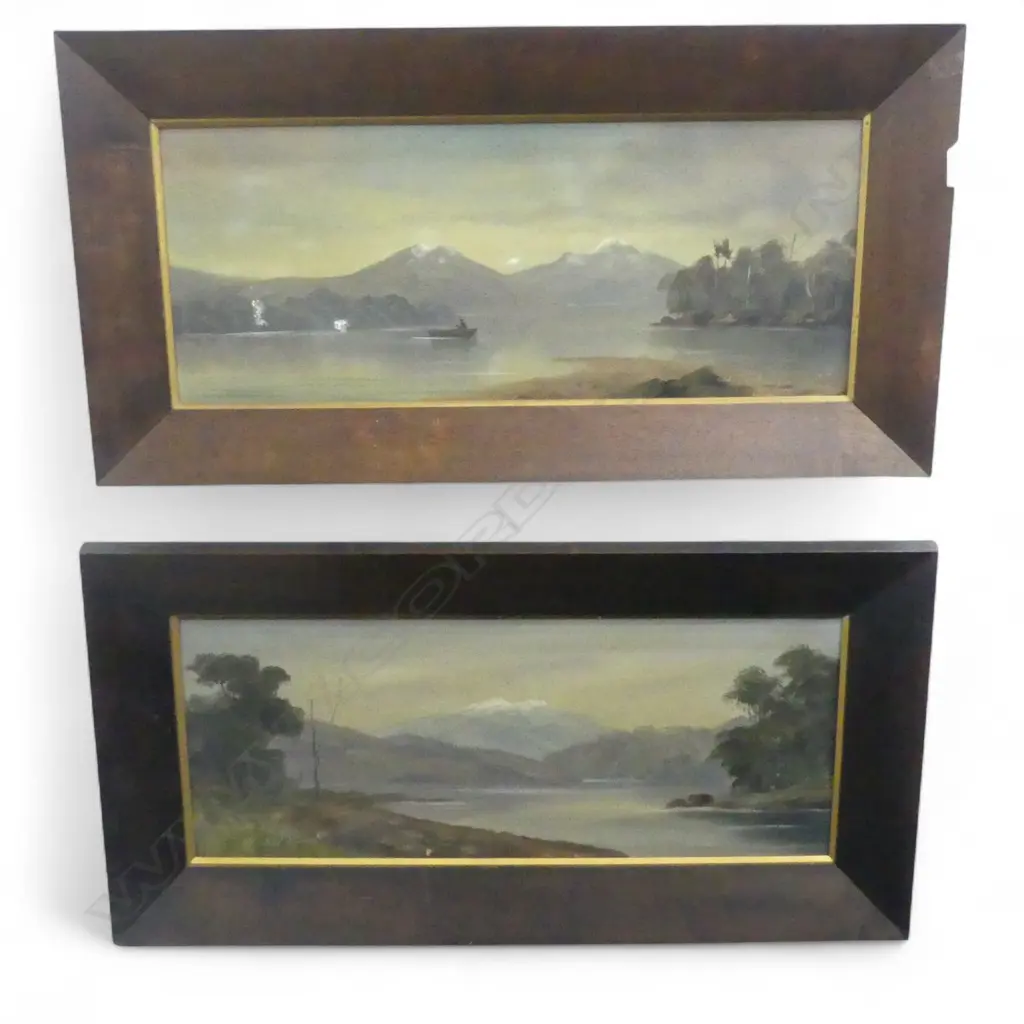 PR PAUL WREN COLONIAL LANDSCAPES; LAKE TE ANAU & LAKE ADA, OIL ON BOARD 230x585mm Image 1++