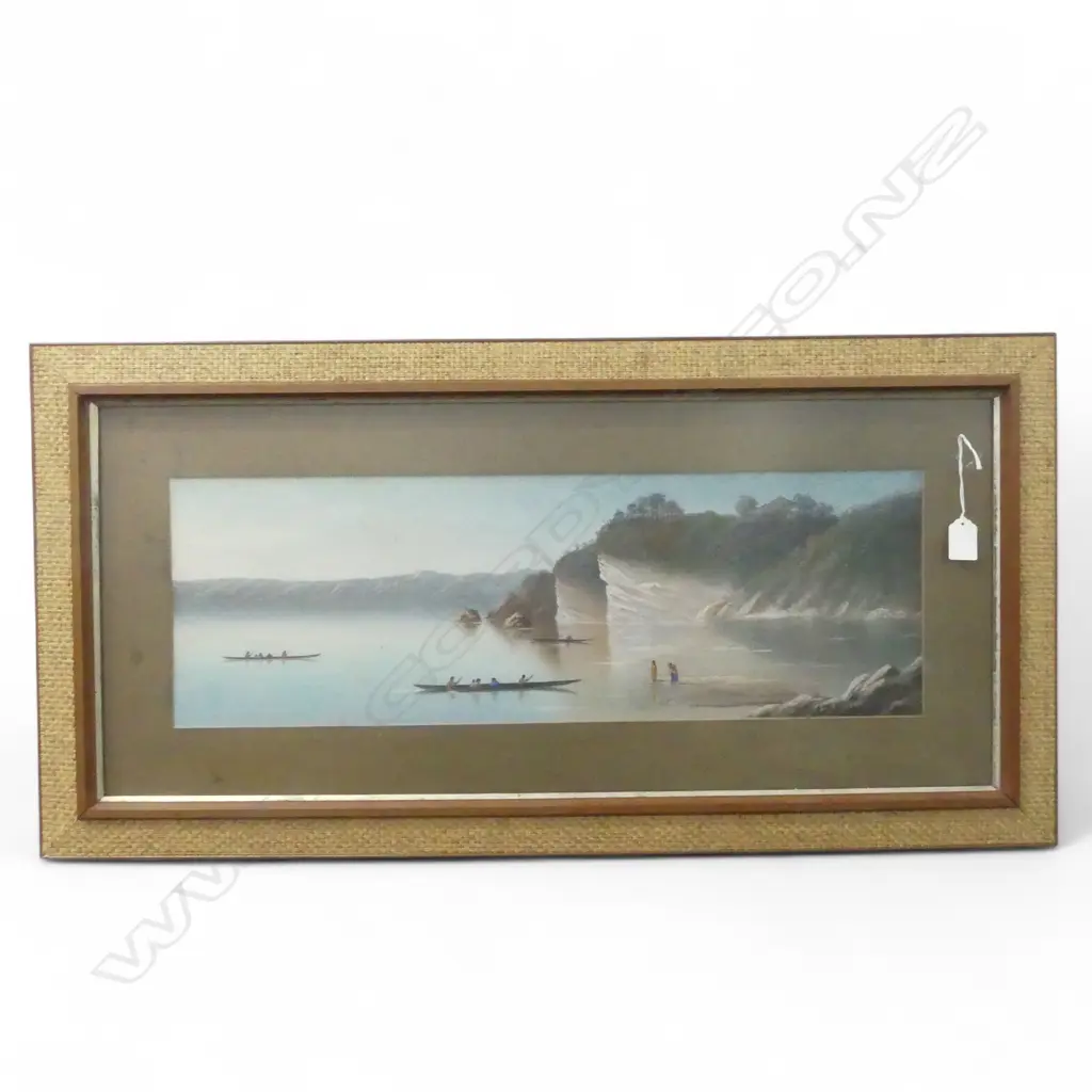 A DE VERE NZ COLONIAL PASTEL 3 Māori waka & figures with large cliffs signed. 210 x 640mm Image 1++