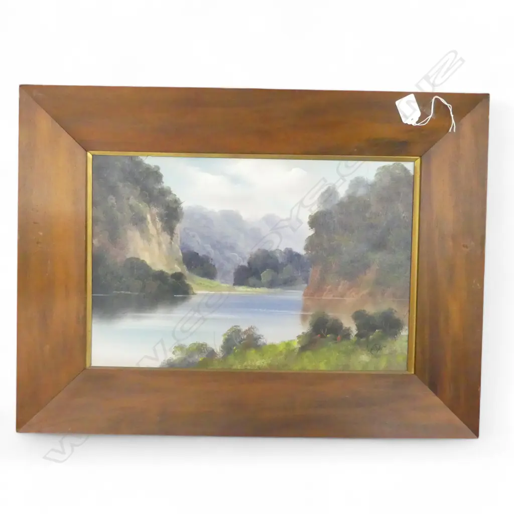 S. CROFT NZ COLONIAL OIL ON BOARD RIVER SCENE 285 X 430mm. In original kauri frames Image 1++