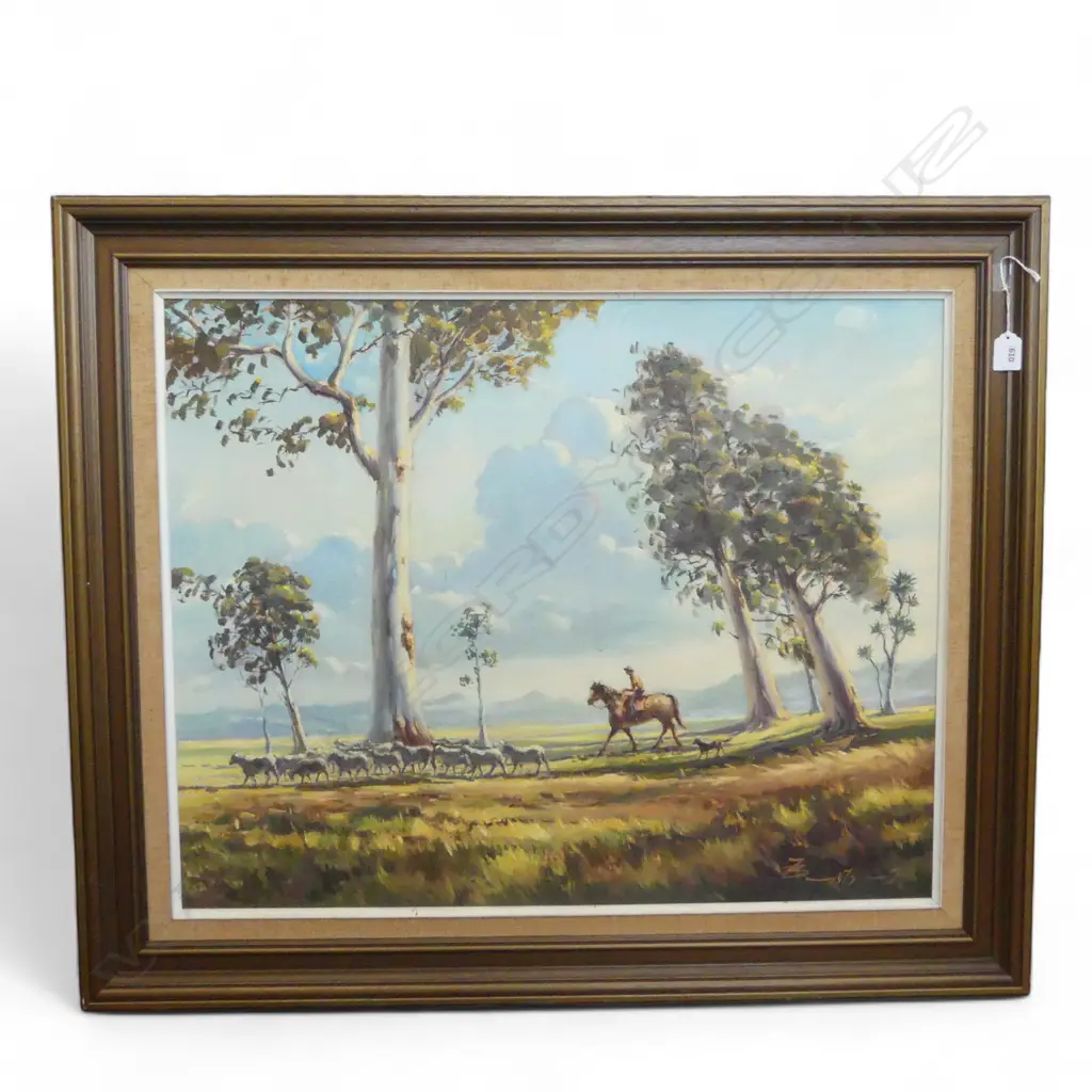 Heinz Boehnke NZ c1966-82 'MUSTERING BEYOND TAHUNA' 1976 oil on canvas board 595 x 750mm Image 1++