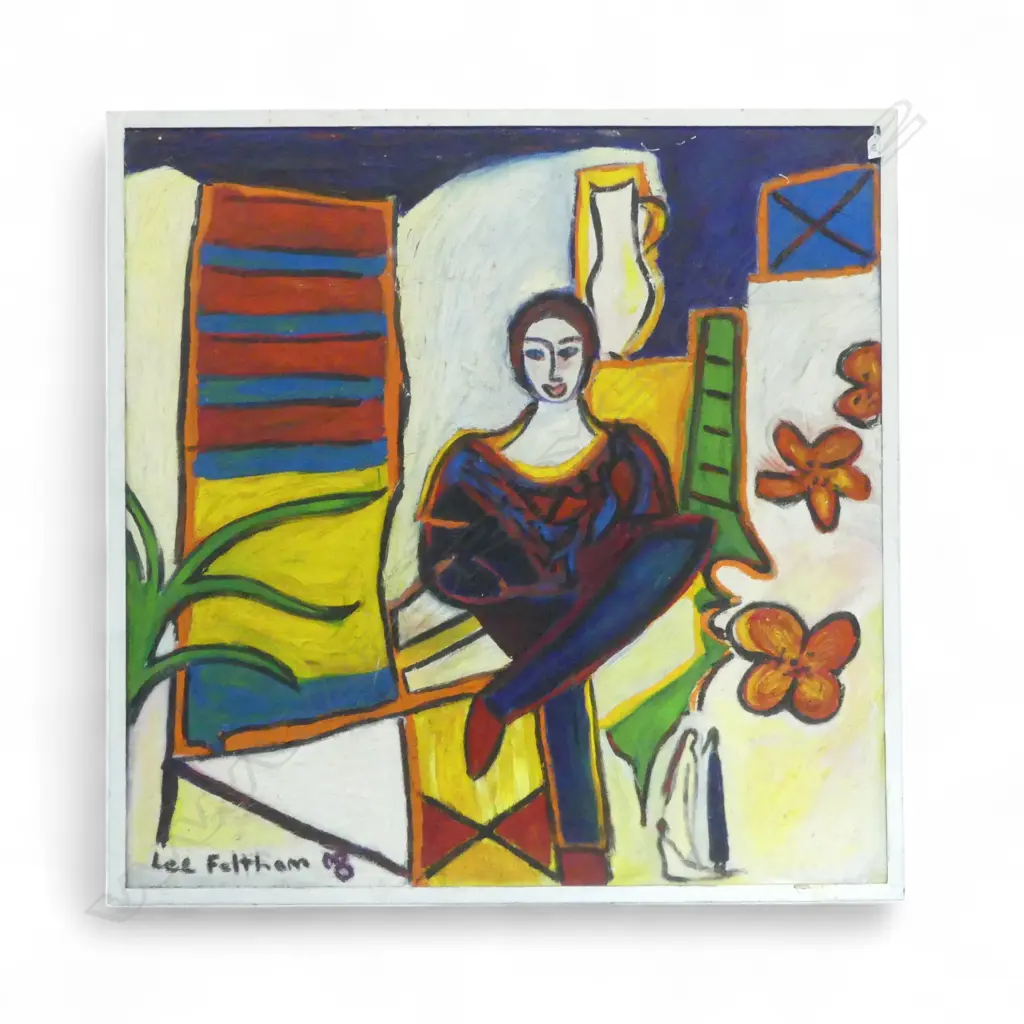 LEE FELTHAM, LADY IN A CHAIR, ACRYLIC ON BOARD, FRAMED SIGNED & DATED 2008, 1160 X 1160MM, provenance below Image 1++