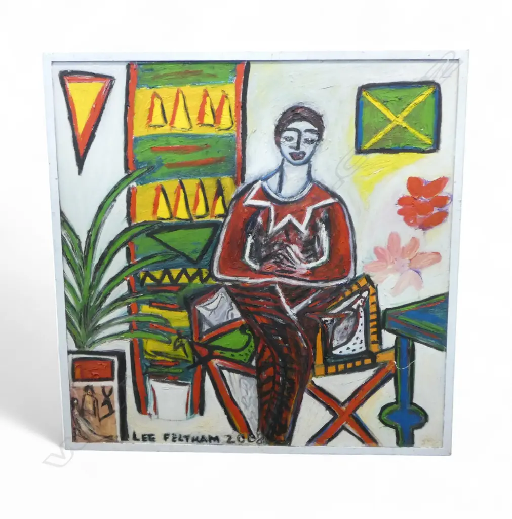 LEE FELTHAM, LADY IN A CHAIR, ACRYLIC ON BOARD, FRAMED SIGNED & DATED 2008, 1160 X 1160MM, provenance below Image 1++