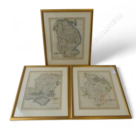 3 FRAMED ENGLISH MAP ENGRAVINGS by JOHN CARY 220x270mm