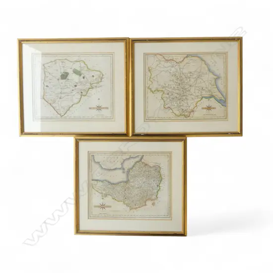 3 FRAMED ENGLISH MAP ENGRAVINGS by JOHN CARY 220x270mm