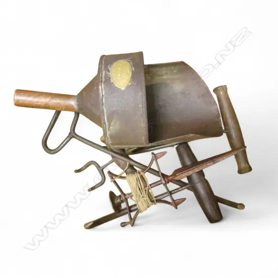 ANTIQUE TOOLS; 4 BALING HOOKS, COPPER HANDLED CHICKEN FEEDER & GARDEN ROW MARKER